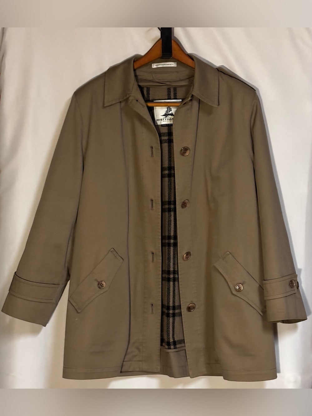 VTG Misty Harbor Trench Coat Beige Tan Plaid Wool Zip Lining Rain Jacket Sz 12